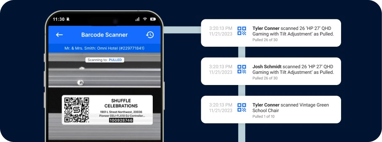 Goodshuffle Pro Barcoding Activity Log showing timestamped inventory tracking and user accountability.