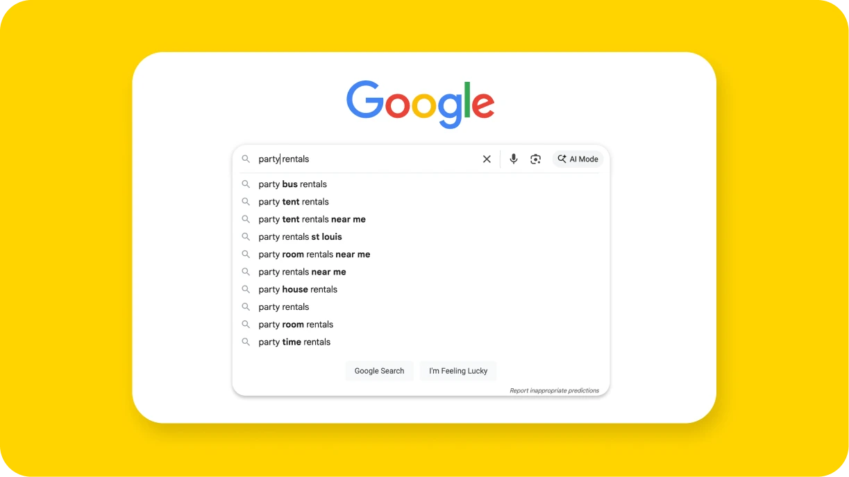 Screenshot of Google autocomplete suggestions for party rental keywords showing local search terms 