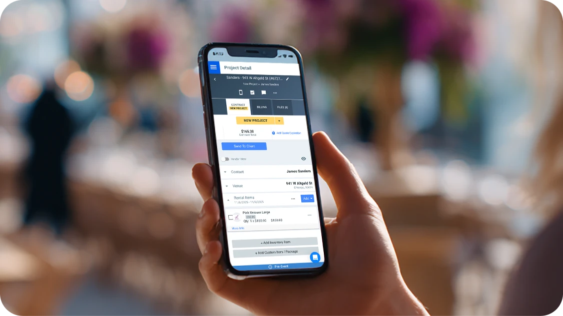Event rental business owner sending a professional quote in minutes using Goodshuffle Pro Lite on mobile device