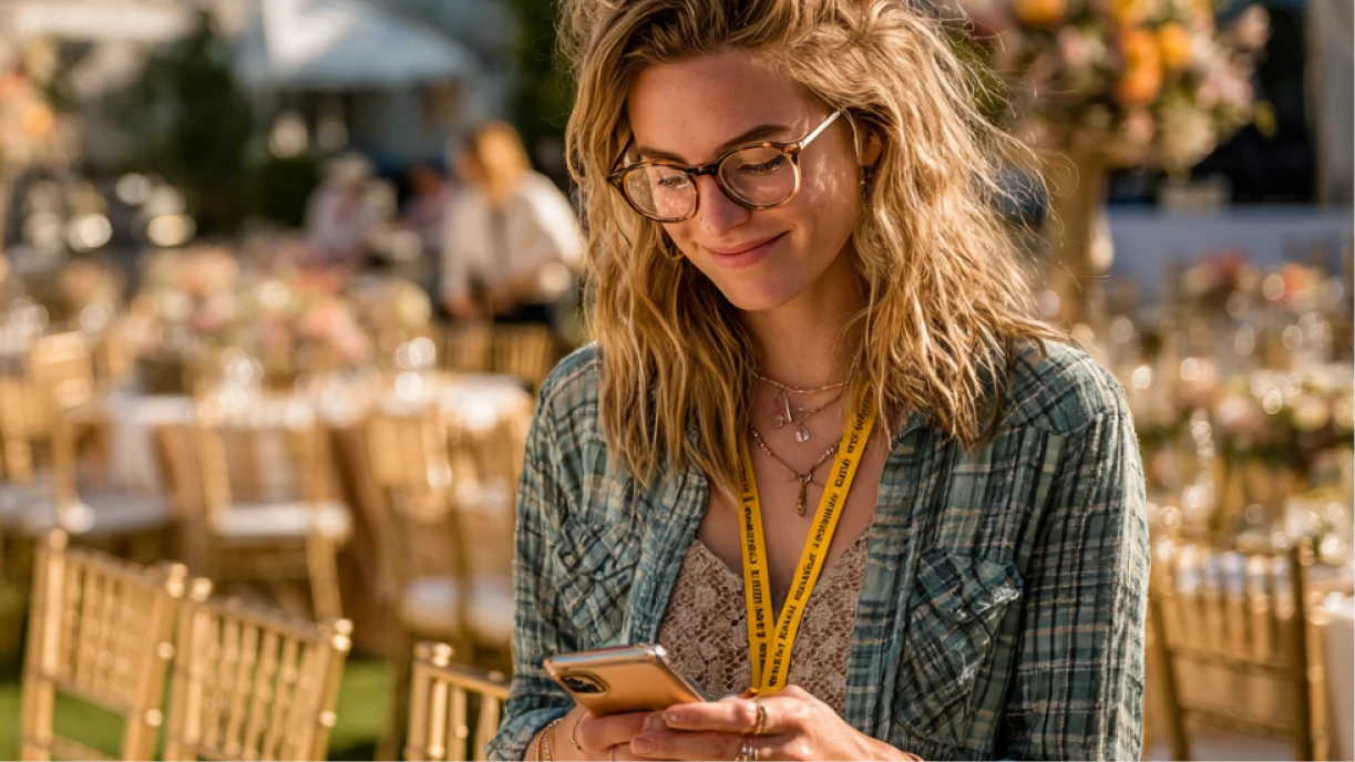 Event professional confidently setting up beautiful event while checking phone, representing business success without perfect website