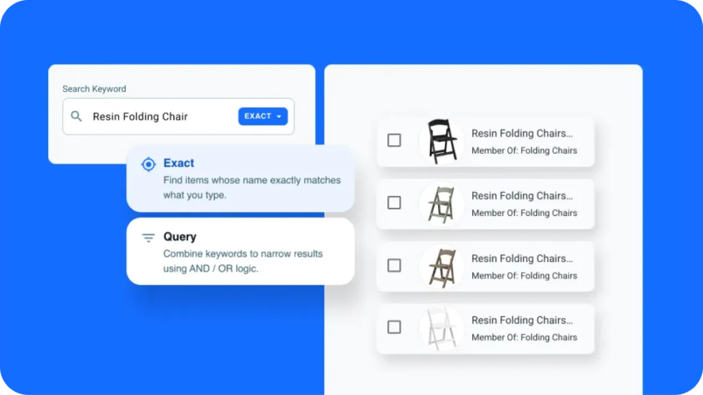 Choose between Exact Search and Query Search for inventory in Goodshuffle Pro