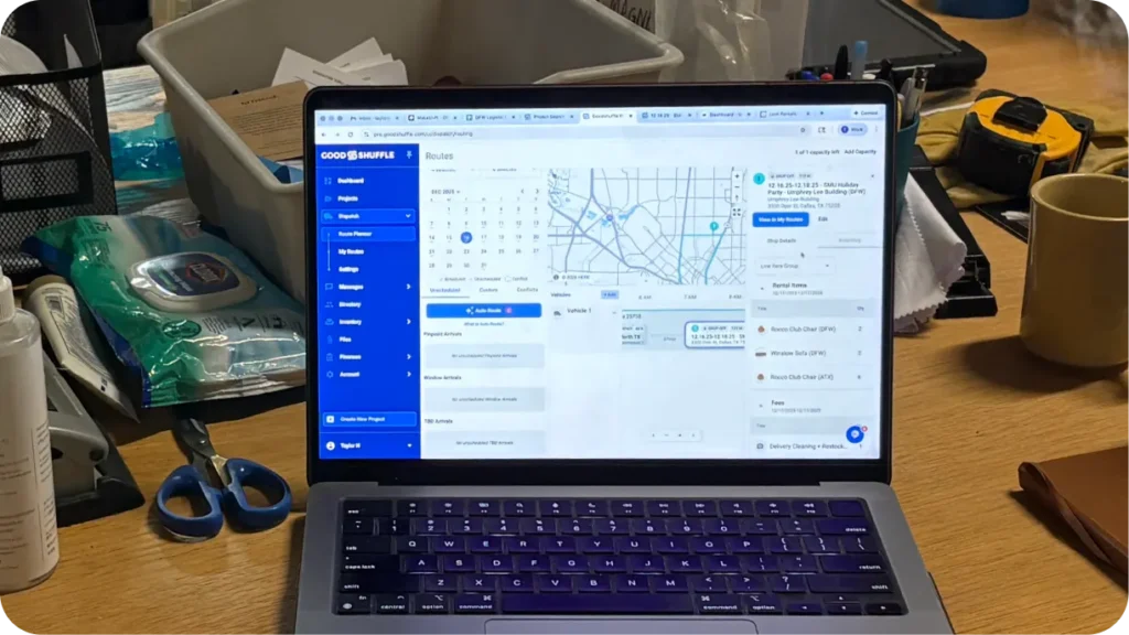 Event rental business owner using modern software dashboard showing real-time inventory and project management