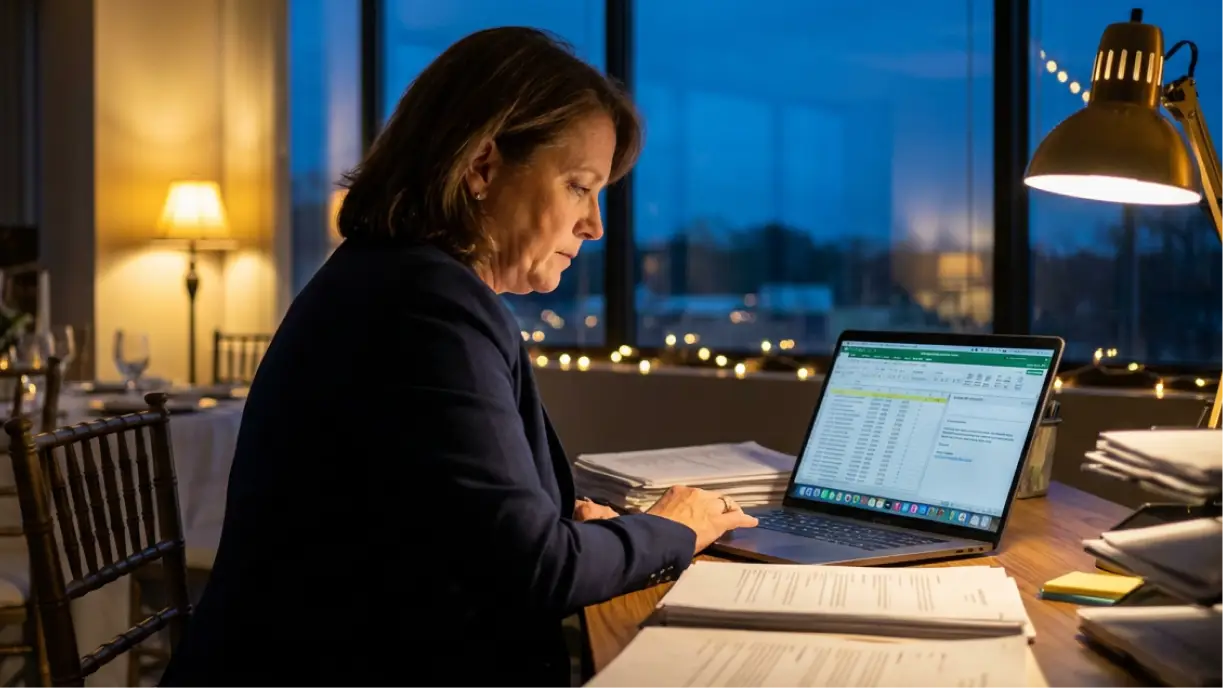 Event rental business owner working late at desk surrounded by quote requests, invoices, and delivery schedules at 9 PM