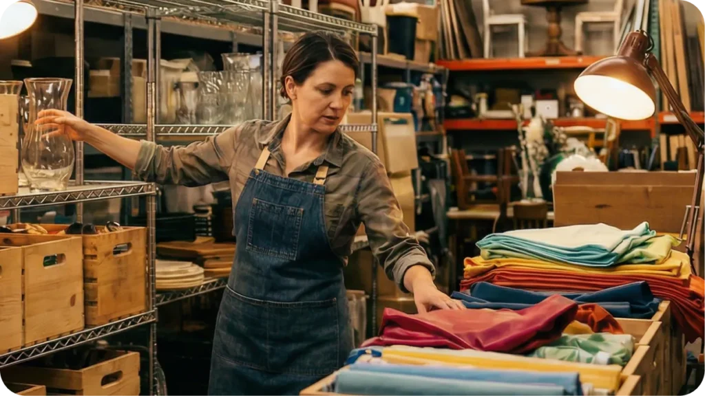Small event rental business owner organizing party inventory in compact warehouse space