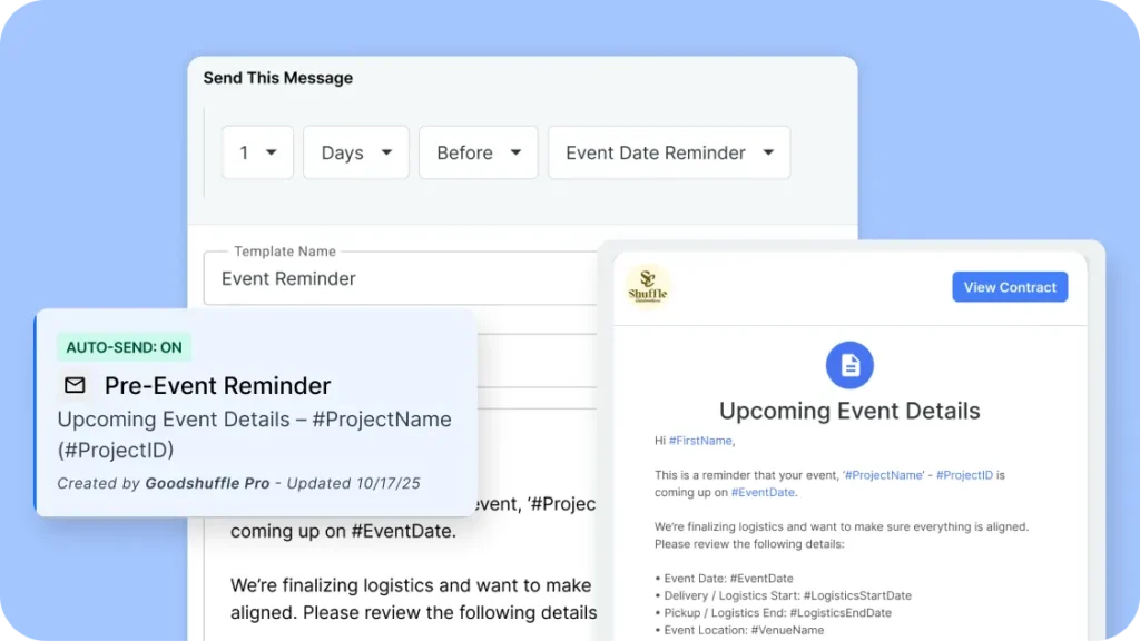 Setting a date anchor on an email template in Goodshuffle Pro, showing the option to send two days before or after an event date